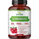 Zazzee D-Mannose, 1000 mg per tarjoilu, 180 vegaanista kapselia, 3 kuukauden tarjonta, potentti ja nopea toiminta, Certified Kosher, 100% puhdas, kaikki luonnolliset virtsatiet terveystuki, 100% kasvissyöjä, ei-GMO