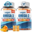 Vegan Omega 3 Gummies 1280mg + D3-vitamiini K2 (MK7), Omega 3 Fish Oil Alternative for Aikuinen, w/Algae EPA 600mg & DHA 400mg, MCT Oil - No Fish Taste - for Brain, Eye, Immuno Health, Sugar Free, 2 Pack