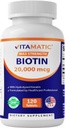 Vitamatic High Potency Biotin 20000 mikrog (20 mg) Keratin 100 mg - 120 kasvissyöjä Tabletit - Biotiini täydentää terveille hiuksille iho & kynnet aikuisille (120 Count (Pack of 1))