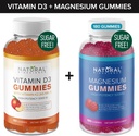 Sokeriton D3-vitamiini K2-kumi (60 Gummia) ja sokeriton Extra vahvuus Magnesiumtikut (180 Gummia), D3-vitamiini 5000 IU+K2 MK7 80 mikrog, magnesiumsilikaattitikut 500 mg