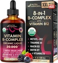 USDA Organic B-komplex B5 Pantotenic Acid B12 Methylcobalamiini B1 Tiamiini B6 Pyridoksiini B7 Biotiini B9 Folic B3 Niacinamide - B Complex Liquid Drops, Made in USA Supplement, 4 fl oz