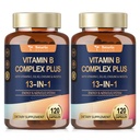 13-in-1 B-vitamiinikompleksi Plus B1, B2, B3 (Niasiini), B4, B5, B6, B7 (Biotin), B8 (Inositoli), B9 (Folate), B12, C, D3, K2 energialle, Nerve, Immune, Iho - 120 kapselia per pullo - 2 pulloa