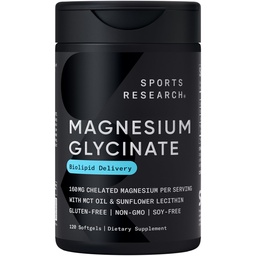 Sports Research® Magnesium Glycinate - Suports Rentouttava uni & Entsymaattiset prosessit - 160 mg kelated Magnesium - Liquid Softgel - 120