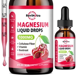 Magnesium Glycinate Liquid Drops, 1000 mg Magnesium Glycinate, Sitrate & Taurate Fiber, Beetroot, B-vitamiinin uni, rauhallinen, lihas, energia & rentoutuminen, 2 Fl Oz, sokeriton kirsikka