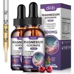 (2 pakkaus) Magnesium Glycinate Liquid Drops 500mg, jossa B6-vitamiini, Ashwagandha, L - Theanine, Kamomilla, Magnesium Glycinate Supplement Korkea Imeytyminen unissa, stressi, Energy Mood - Cherry Flavor