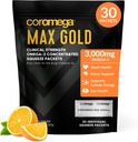 Coromega MAX Kulta 3000 mg Omega-3 Fish Oil + D-vitamiini puristaa Packets, Wild-Caught, Ei kalamaista makua - 3X Parempaa imeytymistä kuin Softgels, tukee aivojen ja sydämen terveys (30 tarjoilua, oranssi maku)