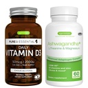 Päivittäinen D3-vitamiini + Ashwagandha+ L-Theanine & Magnesium Kasvissyöjä Bundle, 365 2000iu D3-vitamiinit + 600 mg KSM-66 Ashwagandha sinkki & B-vitamiinit, Igennus