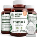 Natural Nutra Vitamiini E 400 IU Supplement, Enrich Health Ravinteet, edistää ihon terveyttä, parantaa hiusten ja kynsien kasvua, tukee kehon rasvataso, auttaa sydämen terveyttä ja suojaa ihon teksturointia, 60 pehmeää geeliä