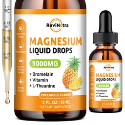 Magnesium Glycinate Liquid Drops, 1000 mg nestemäistä Magnesium Complex Supplement for Sleep, Hermo, Energia, Lihas, Luut, Rauhoitu & Ruokavalio, Korkea Imeytyminen, 2 Fl Oz, Sokerivapaa Ananas Flavor