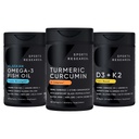 Urheilututkimus Wild Alaska Pollock Omega 3 Fish Oil 90 Softgels (1250 mg), Turmeric Curcumin C3 Complex (120 Softgels) ja Vegan 5000 IU D-vitamiini + 100 mcg Mk7 K-vitamiini (60 Softgels)
