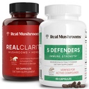 Real Sienet RealClarity (60ct) ja 5 Puolustajat (90ct) Kapselit Bundle - Sieni täydentää mielen selvyyden, Focus & Immuuni vahvuus - Vegan, ei-GMO, todennettu tasot beta-Glukaanit
