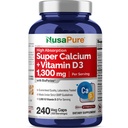 NusaPure Super Kalsium 1300mg, D3-240-vitamiini Kasviskapselit (ei-GMO, soijaton, Bioperine)