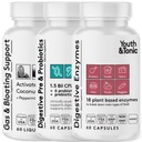 Youth & Tonic Digestion Vatsan tuki ja detox Säännöllisyys, kaasu & turvotus ja Gut Health. Kaikki tyypit Dgestive Enzymes Probiootit & Prebiootit Charcoal Piparminttu & Organic Coconut Oil 180 pillereitä