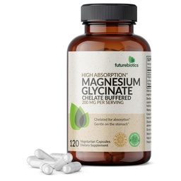 Futurebiootit Magnesium Glycinate 200 MG per Tarjoilu Kelatoitu korkealle imeytymiselle, Hellävarainen vatsassa, ei-GMO, 120 kasvissyöjän kapselia