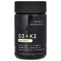 Urheilu Tutkimus D3-vitamiini K2 Softgels - Kasvipohjainen K2 & Vegan D3 55000i Coconut MCT Oil - Vegan Certified, Soy & Gluten Free - 120
