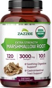 Zazzee USDA Organic Marshmallow Root 10:1 uute, 3000 mg vahvuus, 120 vegaaninen kapselia, 4 kuukauden toimitus, vakioitu, tiivistetty 10X uute, 100% kasvissyöjä, kaikki luonnolliset, ei-GMO, valmistettu Yhdysvalloissa