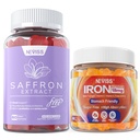 1Pack Saffron Supplement Gummies 100% Pure Saffron Extract Koko Herb Gummies + 2P Vegan Iron Gummies täydentää C-vitamiini, B12, Folaatti & Turmeeric