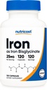 Nutricost Iron Bisglysinate Supplement (25 mg) 120 kapselia - Ferrous Bisglysinaatti Chelate - ei- GMO & Gluteenivapaa