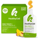 Healthycell Vegan Päivittäinen monivitamiininen nestemäinen lisäaine, jossa on rautaa ja omega-3, 25+ Essential Vitamiineja, Mineraalit ja ravintoaineet aivojen ja sydämen terveyteen, immuuni tuki & energia - 30 Gel Packs