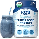 KOS Plant Protein Powder, Mustikka Muffini - Organic Pea Protein Superfood with Spirulina and Immune Support Blend. Soija, gluteeniton, maitoton - Vegaaninen ateriankorvike naisille ja miehille - 15 tarjoilua