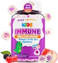 Lapset Multivitamiini + immuuni tuki Gummies, C-vitamiini D3 & Sinkki, Omega-3, A, E, Elderberry, Lasten vitamiini Gummies terveen kehityksen, immuniteetti, luun kasvu & silmien terveys, sokeriton, 60 Cts