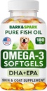 BARK&SPARK Omega 3 koirille - 180 Fish Oil Softgels for Dog Sheddding, Skin Allergia, kutina helpotus, Hot Spot hoito - yhteinen terveys - iho ja turkki täydentää - EPA & DHA rasvahapot - Lohiöljy