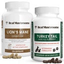 Real Mushrooms Lions Mane for Humans (120ct) & Turkey Tail for Lemmikkieläimet (90ct) - Bundle for Cognition and Immunet - Vegan, non-GMO, Grain-free, Gluteenittomat sieniuutekapselit