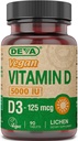 DEVA-vitamiini D3 5000 IU, aurinkolisä, 125 mikrog Vegan D3, 90 mikrog pullo