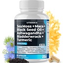 Sea Moss Maca Black Seed Oil Ashwagandha Rannerengas Turmeric - Manuka Honey, Elderberry, C-vitamiini & D3, Voikukka & Mustapippuri - Ei-GMO - Vegan - Valmistettu USA - 60ct