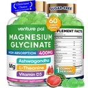 60 Day Supply Magnesium Glycinate 400 mg Gummies with Ashwagandha, L-Theanine, CoQ10, D3-vitamiini ja B6-sokeriton Magnesium Gummies for Adults & Kids, Stress Relief, Uni & Rauhallinen, Vegan, Gluteeniton