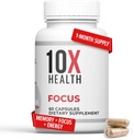 10X Health Focus Rhodiola Rosea - Aivolisäkkeet muistia ja keskittymistä varten - 60 kapselia Focus Supplement, Muistilisä aivojen terveyttä varten Ginkgo Biloba, Huperzine A - Ginkgo Biloba Kapselit