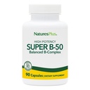 Natures Plus Super B50-90 Kasvissyöjäkapselit - High Potency B Complex Vitamiini Supplement - Brain & Energy Booster - Gluteeniton - 90 tarjoilua