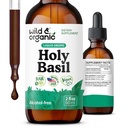 Wild & Organic Holy Basil Leaf Tincture - Rentoutuminen, rauhallisuus, mielialatuki - Tulsi Holy Basil Supplement - Vegaani, sokeri ja alkoholiton Herb Extract Drops - 2 fl oz