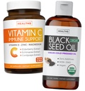 Black Seed Oil Liquid & Vitam C - Immune Fusion Booster Pack - Organic Black Seed Oil Liquid (8fl oz) Premium Kylmäpaineinen Nigella Sativa & Vitamiini C Immunosupport (ei-GMO)(60 kapselia)