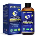 Life's Fortune Cod Liver Oil Liquid Organic Lemon Flavor (8 Oz) 1000 mg Omega + A-vitamiini, E & D3 - Tukee Immuuniterveys - 100% Fish Oil Supplement Wild Ocean Cod-GMO Free