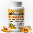 Kurkuma Curcumin 2565 mg, 90 kapselia, 95% kurkumainoidit ja bioPerine Black Pepper Extract, ekstravahvuus Turmeerinen lisäravinteet, kaikki luonnolliset ja muut kuin muuntogeeniset organismit, gluteeniton kasviskapseli
