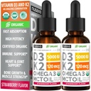 (2 pakkaus) Orgaaninen D3-vitamiini K2 Drops 5000 IU MCT Oil Omega 3 - maksimaalinen vahvuus neste D3 - ei täyteaineita, ei-GMO nopeampi imeytyminen, immuuni tuki (Strawberry, 2 Fl Oz)