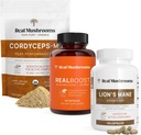 Real Sienet RealBoost (60ct), Lions Mane (120ct) & Cordyceps Mushroom Powder & Capsules Bundle - Sienten lisä energia, elinvoima, Endurance & Cognition - Vegan, ei GMO