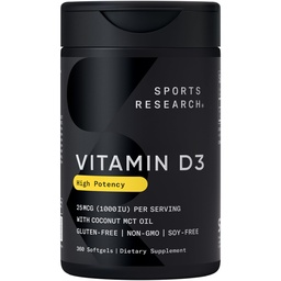 Urheilu Tutkimus D3 1000iu (25 mcg) Kookosöljyllä infusoituna ~ Immuuni- ja luutuki ~ Ei-GMO:ita Varmennettu, soijaton ja gluteeniton (360 Mini Liquid Softgels)