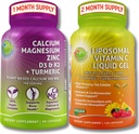 Luu ja immuuni tuki Bundle ... Liposomaalinen C-vitamiini 1100 mg Liquid geeli, joka on rikastettu Acerola Cherryllä ja kasviperäisellä kalsiumilla (Aquamin®), magnesiumilla, sinkillä, D3, K2 + Turmeerisella Wellness-tuella