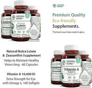 Luonnollinen Nutra Lutein ja Zeaksantiini lisä soijaton, 20 mg - 60 kapselia ja A-vitamiini 10 000 IU, auttaa ylläpitämään tervettä Vision Omega 3, 100 gluteeniton Softgels