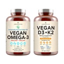 Vegan Powerhouse Combo. Omega-3 Algal Oil & Vitamiin D3 + K2. Plant-Based 5000 iu VIT D Algae. 100 mikrog All-Trans MK-7 Vita K. Carragenan Free Veggie Softgels.