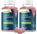 Vitey Kalsium Magnesium Sinkki Gummies D3-vitamiini - Tukee luun terveyttä, hermostoa ja immuuni toimintaa - Kalsium Magnesium Sinkki D3 aikuisille & Teini-ikäisille - GMO vapaa - pureskeltava vadelma Maku