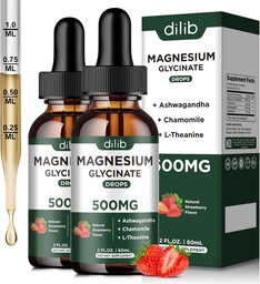 Magnesium Glycinate Liquid Drops Supplement, kanssa magnesium Glycinate 500 mg Ashwagandha, L - Theanine, kamomilla - Tuki Stressi Relief, luu, lihas, mielialan mansikka maku 2Pack