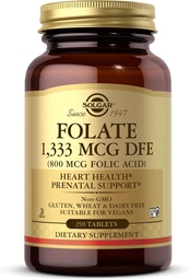 Solgar Folate 1 333 mikrog DFE (Foolihappo 800 mikrog) - 250 tablettia - Prenataalinen tuki - ei-GMO, Vegan, gluteeniton, maitotuotteeton, Kosher - 250 annosta