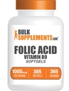 BulkSupplements.com Folic Acid Softgels - B9-vitamiini, Foolihappo 1000 mikrog, Folaatti- täydennysosa - Gluteeniton, 1 Softgel per Serving, 365 Count (Pack of 1)