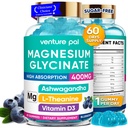 60 Day Supply Magnesium Glycinate 400 mg Gummies with Ashwagandha, L-Theanine, CoQ10, D3-vitamiini ja B6-sokeriton Magnesium Gummies for Adults & Kids, Stress Relief, Uni & Rauhallinen, Vegan, Gluteeniton
