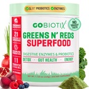 GOBIOTIX Super Greens ja Reds Powder - punainen ja vihreä Superfood - Probiootti Supplement - Dgestive Enzymes ja Beet Root Powder - Organic Whole Foods Ravintolisä (Pom Raspberry, 1 Pack)