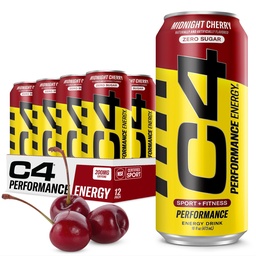 C4 Energy Carbonated Zero Sokerin energiajuoma, Esitreeni Drink + Beta Alanine, Keskiyön kirsikka, 16 Fl Oz (paketti 12)