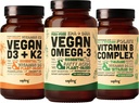 Vegaani Omega 3 180 Softgels & Vegan D3 + K2 & Vitamiini B Complex Bundle - Kasvipohjainen DHA & EPA rasvahapot, 4000 IU D3-vitamiini ja 100 mcg K2-vitamiinit